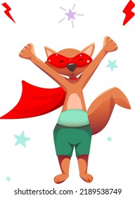 Vector cheerful brave fox raised his hands up, ready to protect and save everyone. Red fox in green shorts, red mask and red cape
