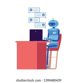 Vector cheerful chat bot sitting at workplace behind laptopscreen with speech bubbles. Modern artificial intelligence support in messengers, social networks. Automatic customer support concept.
