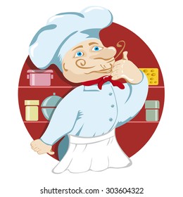 Vector cheerful chef in the kitchen for your design