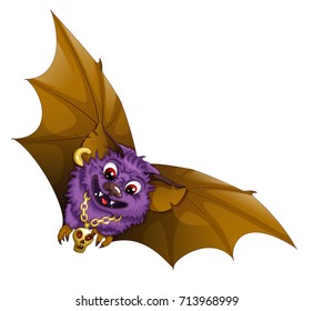Vector cheerful childish character in the style of a card. A bat with a gold earring in his ear and a necklace with a skull on a chain. Isolated image for Halloween.