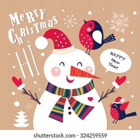 Vector Cheerful Christmas card with Snowman. Merry Christmas and Happy New Year.