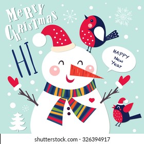 Vector Cheerful Christmas card with Snowman. Merry Christmas and Happy New Year.