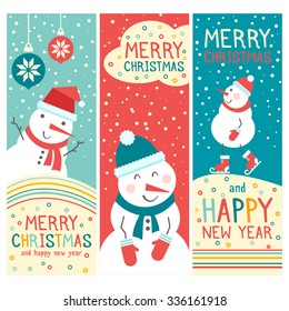 Vector Cheerful Christmas cards with Snowman. Merry Christmas and Happy New Year lovely banners. Sweet cartoon holiday backgrounds with Snowman, snow and other symbols.