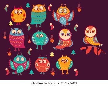 Vector Cheerful Christmas illustration with cute owls. Cartoon characters.
