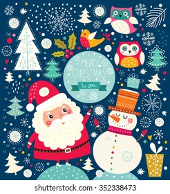 Vector Cheerful Christmas illustration with Snowman and Santa Claus