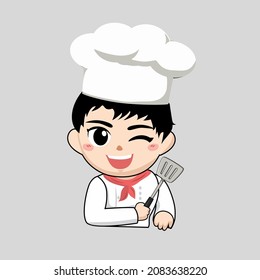 vector cheerful and cool male chef holding cooking utensils
