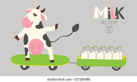 Vector cheerful cow delivers milk bottles on a skate. Organic farm milk delivery service.