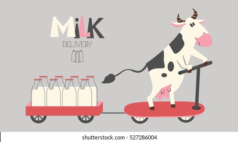 Vector cheerful cow delivers milk bottles on a scooter. Organic farm milk delivery service.
