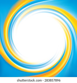 Vector cheerful curly ripple backdrop with space for text. Beautiful spiral whorl surface. Cycle mix of national Ukrainian or Swedish flag symbolic colors with glowing white center in middle
