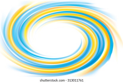 Vector cheerful curly ripple backdrop with space for text. Beautiful spiral whorl surface. Cycle mix of national Ukrainian or Swedish flag symbolic colors with glowing white center in middle