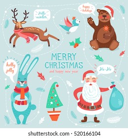 Vector Cheerful cute Xmas card with sweet cartoon Santa Claus, rabbit, deer, bear. Merry Christmas and Happy New Year lovely holiday winter background. Season greetings card design template.