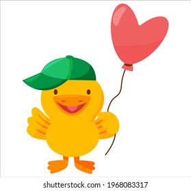 Vector cheerful duckling with balloon. Illustration for greeting postcard or decoration