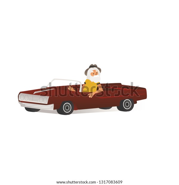 Vector cheerful\
elderly man driving gorgeous cabrio car. Happy white haired\
grandfather with beard in retro vehicle. Senior man, pensioner\
driver. Isolated\
illustration