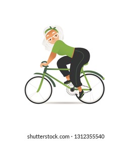 Vector cheerful elderly woman riding bicycle. Old age female character and active lifestyle, sport activity. Senior grey-haired lady enjoying cycling. Healthy lifestyle grandmother.