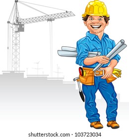 vector cheerful engineer builder in the yellow helmet with the drawing in hand, against a background of construction