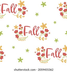 Vector Cheerful Fall Folklore Florals in Yellow Red and Green seamless pattern background design. Perfect for scrapbooking, fabrics and web design projects.