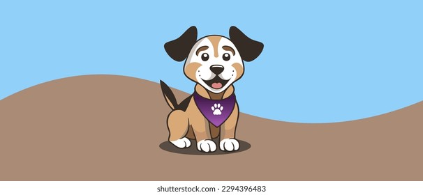 Vector cheerful friendly kind smiling red puppy in a purple scarf with a paw print. Cartoon nice little dog. Sticker, icon or badge.