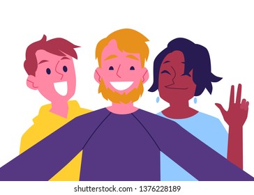 Vector cheerful friends making self-portrait using camera. Happy men and african black woman having fun together making photography with smile. Isolated illustration