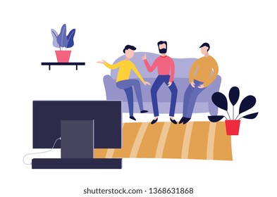 Vector Cheerful Friends Sitting At Sofa Watching TV And Communicating With Each Other. Three Male Buddies Standing Together. Happy Flat Men Students, Colleagues Having Fun. Isolated Illustration