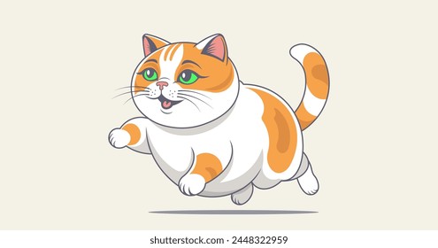 Vector cheerful funny cartoon chubby running jumping cute cat. Beautiful, kind and friendly pet. A purebred respectable puss.