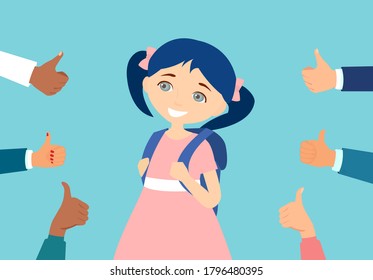 Vector of a cheerful girl student surrounded by hands giving thumbs up on blue background 