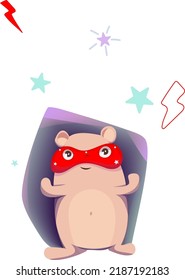 Vector cheerful hedgehog superhero in a red mask with white stars. A happy hedgehog in a gradient fill stands with tense paws
