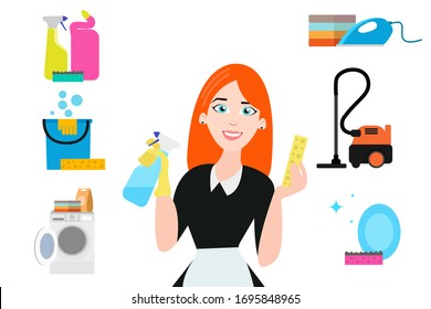 Vector of cheerful housemaid with icons of domestic chores holding cleaning staff isolated on white