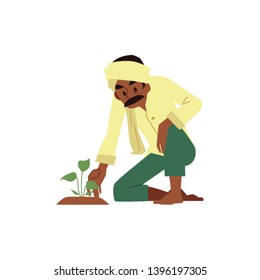 Vector cheerful indian farmer barefood in traditional headscarf examining seedling. Rural india, pakistan or bangladesh village male character, agriculture industry worker.