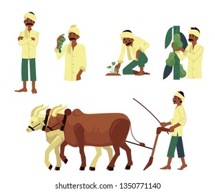 Vector Cheerful Indian Farmer Set. Barefood Man Plowing Field By Cows, Harvest Pears, Planting Seedling With Traditional Headscarf At Head. Rural India, Pakistan Or Bangladesh Village Characters