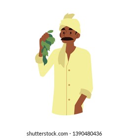 Vector cheerful indian farmer wearing traditional headscarf holding green organic harvest hop leaves. Rural india, pakistan or bangladesh village male character, agriculture industry worker.
