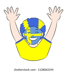 Vector cheerful joyful football fan of Sweden national team raised his hands up and rejoices at the victory