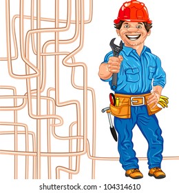vector cheerful locksmith in the red helmet with the adjustable spanner in hand, against a background of copper water pipe