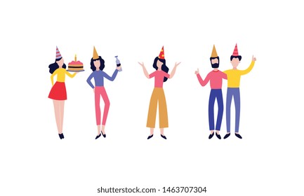 Vector cheerful male, female characters having fun at corporate party or birthday celebration dancing, hugging, holding cake in party hat. Young happy men, women celebrate together.