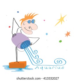 vector cheerful man with a bucket pours water on the background of stars/zodiac sign Aquarius fun