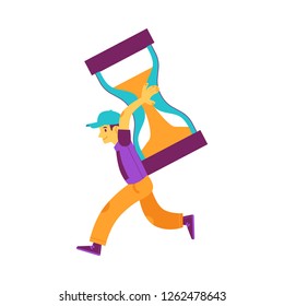 Vector cheerful man holding big hourglass on shoulder running smiling. Male character and time management symbol. Businesswoman with clock, deadline and delay concept. Isolated illustration