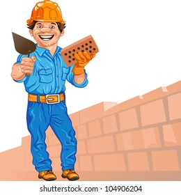 vector cheerful mason in the orange helmet with brick and trowel in hand, against a background of brick wall