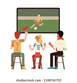 Vector cheerful men and woman sitting at chair at pub, bar or cafe holding glass of beer raising hand up watching football match on tv rooting for the team. Isolated illustration