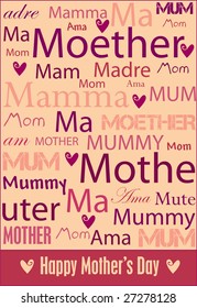 Vector cheerful Mother's Day poster with words for mother in a variety of languages.