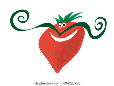 Vector cheerful mustachioed strawberry with light bristles / red berry with mood