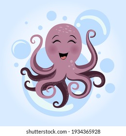 Vector. Cheerful octopus. Colorful cartoon character. Sweet