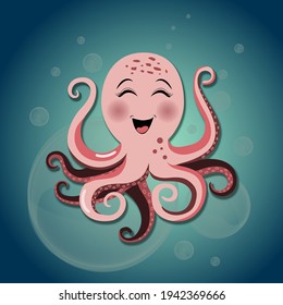Vector. Cheerful octopus. Colorful cartoon character. Illustration. Sweet.