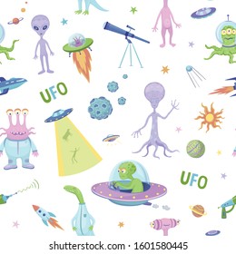 Vector cheerful pattern with ufo and aliens on white background