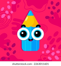Vector cheerful pencil with big eyes. Children draw with a pencil. color pencil.Abstract background. Happy funny art