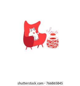 Vector cheerful picture with a thick white cat in the armchair