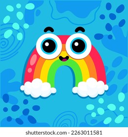 Vector cheerful rainbow with big eyes. Colors of rainbow. kids love rainbows. Rainbow illustration. rainbow in the sky. Abstract background. Happy funny art