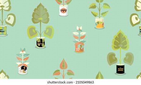 Vector Cheerful Retro HousePlants en Cans Reciclados con colores vibrantes y un fondo de patrón sin fisuras. Perfecto para proyectos de tela, scrapbooking y fondo de pantalla.
