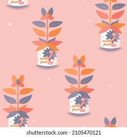 Vector Cheerful Retro Succulent Plant in Recycled Can in Vibrant Colors seamless pattern background. Perfect for fabric, scrapbooking and wallpaper projects.