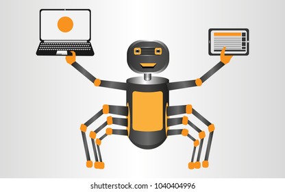 Vector cheerful robot hanging tablet and laptop on gray background