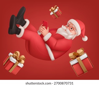 Vector alegre Santa Claus flotando en el aire con smartphone en las manos rodeado de cajas de regalo de Navidades