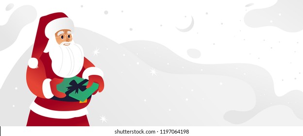 Vector cheerful santa claus in traditional red white clothing, standing holding present box with green wrapping. Merry christmas holiday celebration, greeting cards, posters design character